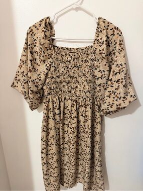 Mikarose Beige Floral Smocked Midi Dress